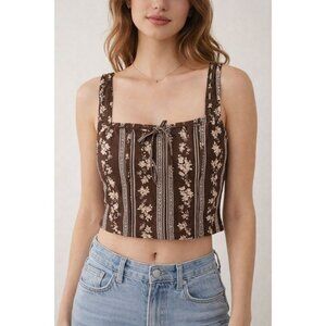 NWT Rachel Zoe Cropped Tank Top Sz Small Brown Floral Linen Blend Coquette Boho